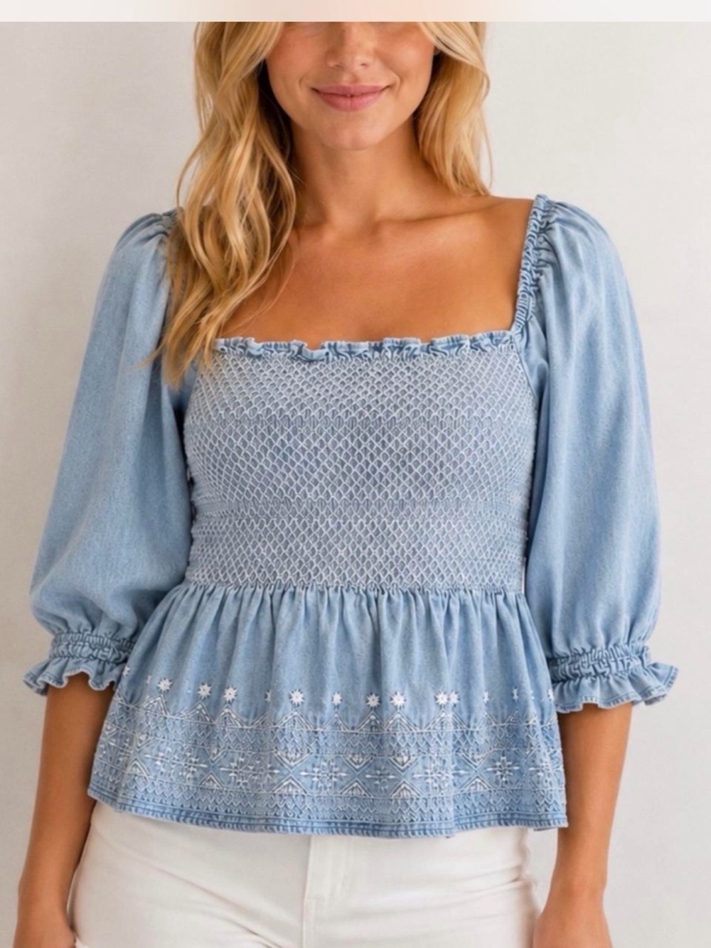 American Eagle Outfitters Light Blue Smocked Square-Neck Peplum Blouse